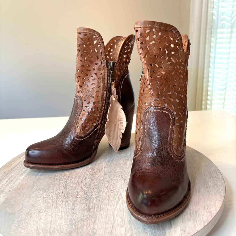 Bed Stu Perforated Leather Ankle Boots Laser Cut Stacked Heel Rustic Women's 8.5 - Picture 4 of 13